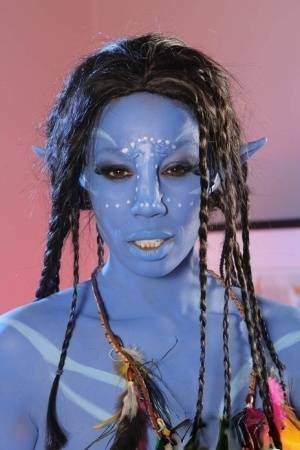 Cosplay beauty Misty Stone takes cock in nothing but blue body paint on girlsabc.com