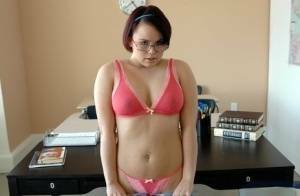Enchanting coed in glasses Kaci Starr revealing puffy butt and tits on girlsabc.com