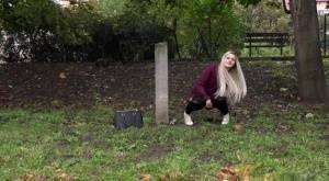Dirty blonde female can't hold her pee any longer and pisses in public park on girlsabc.com